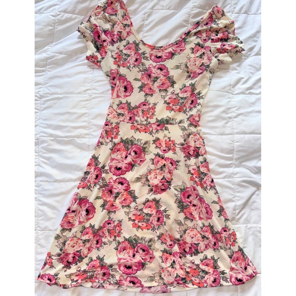 Rue21 Floral Skater Dress - Large - Pink Rose Print -Criss Cross Back 2015